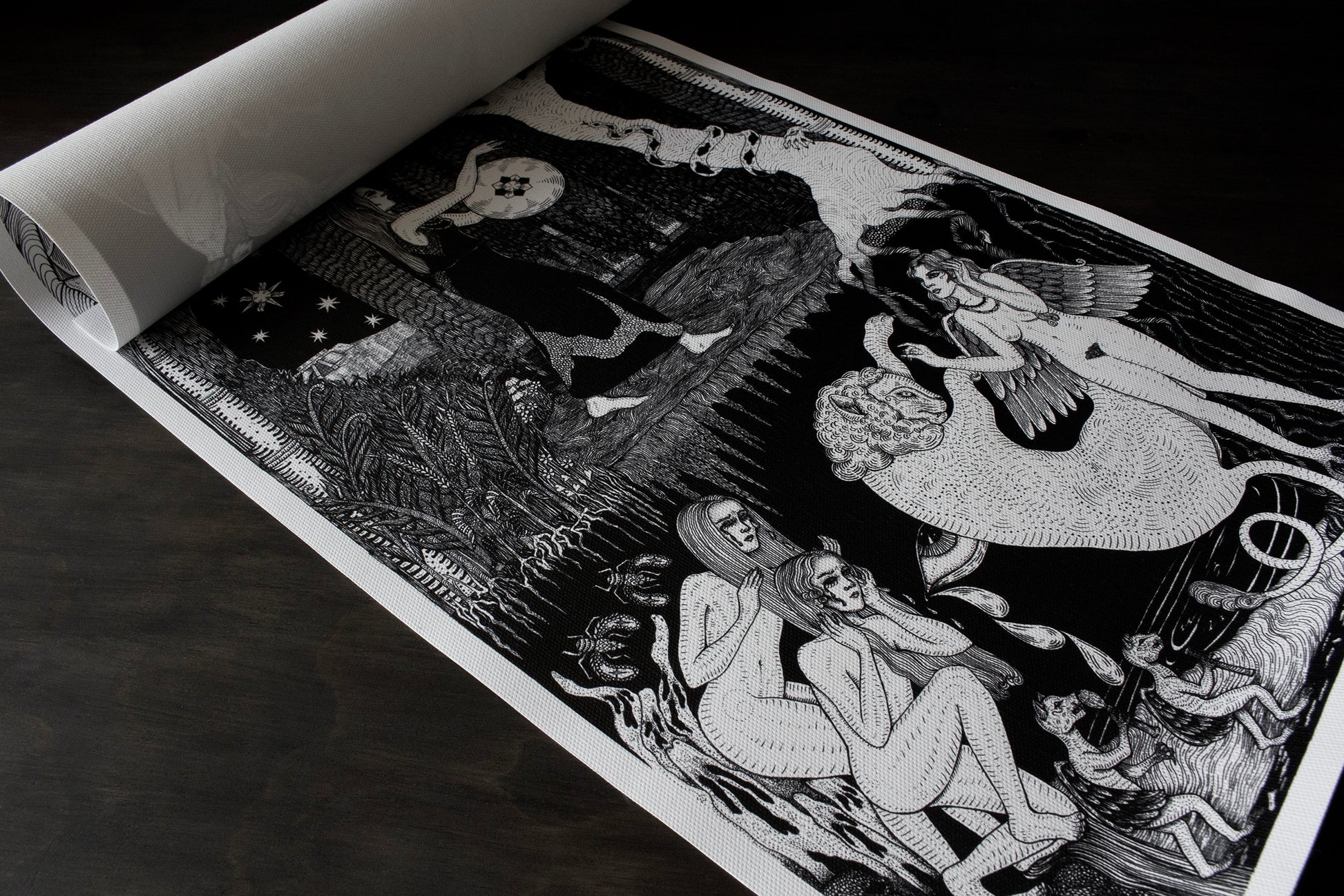 Black and white illustration of Inanna Sumerian goddess, printed on rolled up canvas